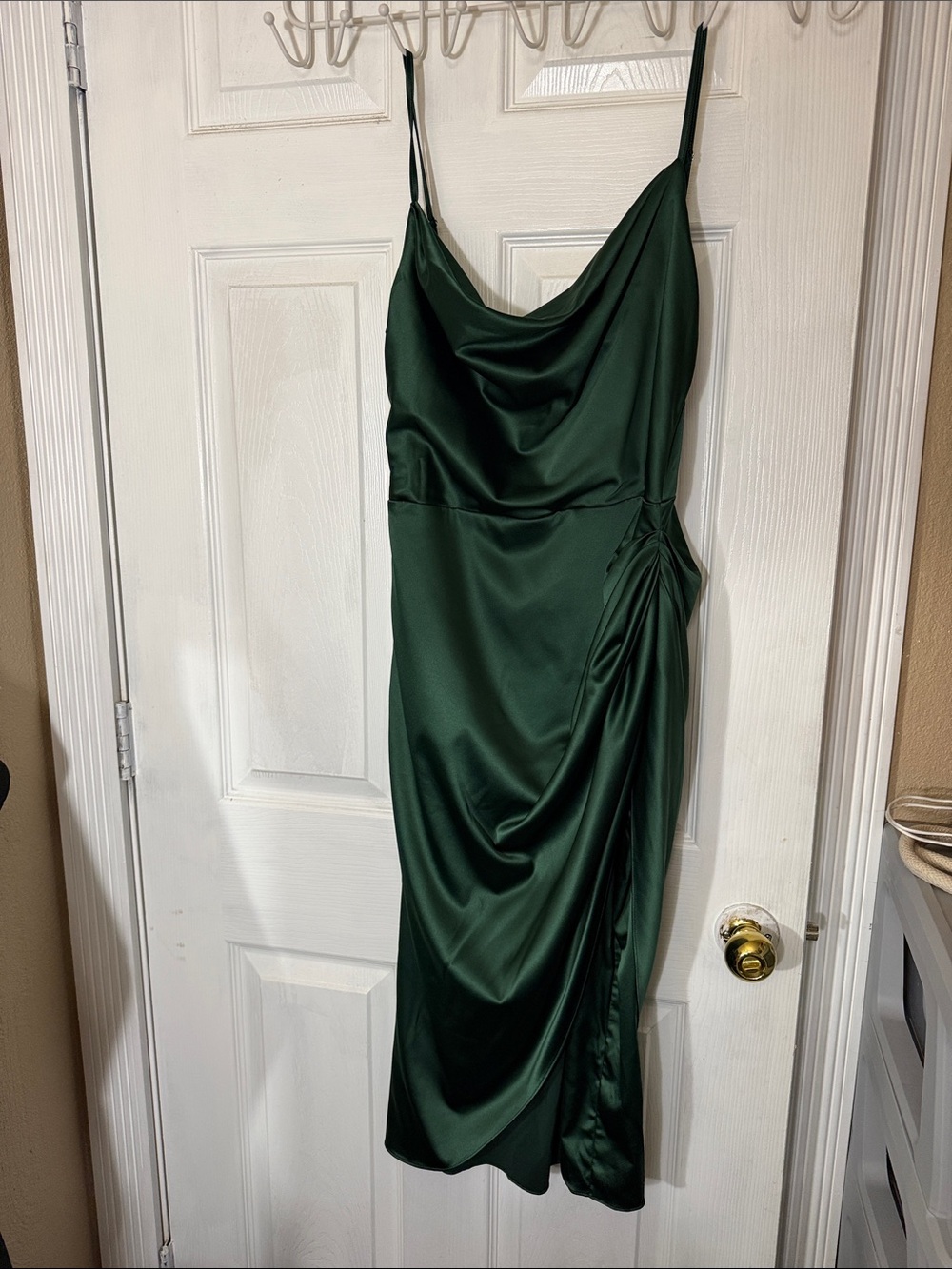 Satin Cowl Neck Midi Dress in Emerald Green